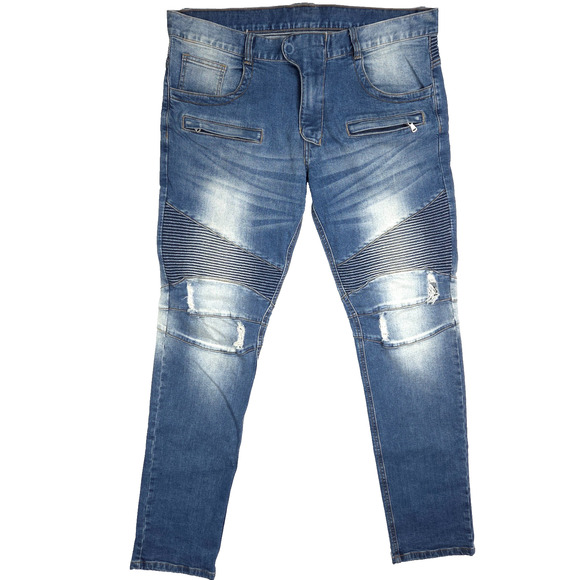 Balmain Paris Jeans Mens 38x33 Blue Moto Biker Ribbed Slimming Stretch Italy - Picture 1 of 9